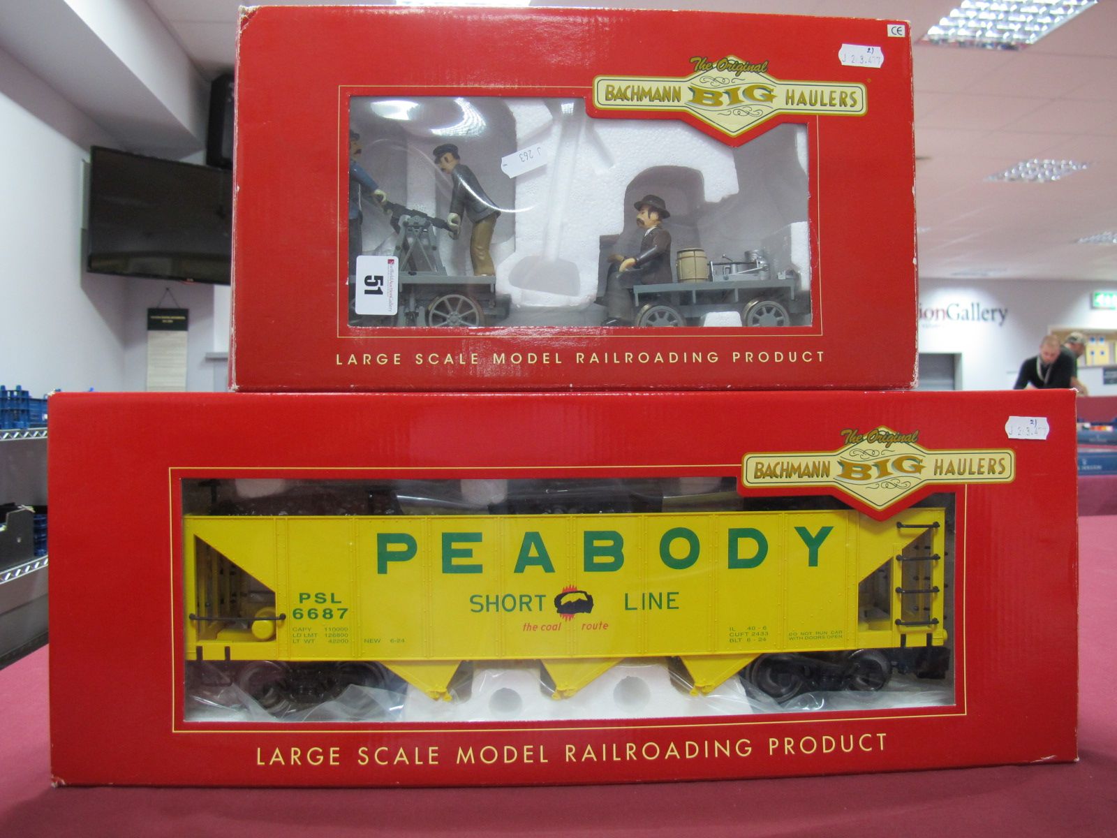 A Boxed Bachmann Big Haulers 'G' Gauge #98229 ""L"" Hoppers Wagon Peabody Short Line; together with