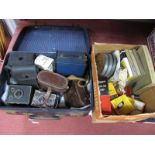 Cased Binoculars, Houghton Butcher, Gnome, Brownie No. 2 and other cameras, cine reels etc.