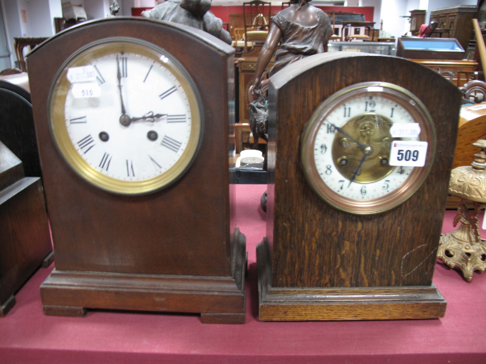 MS Hotels Oak Cased Mantel Clock, with eight day movement, stamped 2467-4-6.