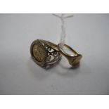 A 9ct Gold Signet Ring, initialled, together with a gent's ring of coin style, stamped "925".