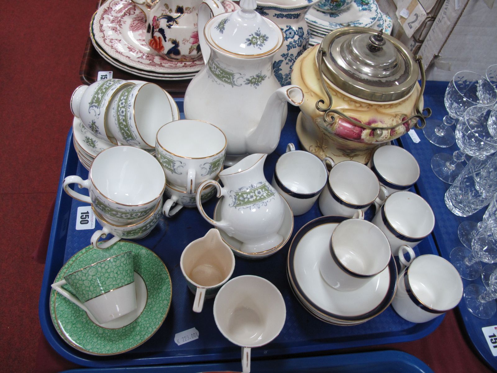 Grafton "Richmond", Wedgwood and Albert coffee sets, Royal Devon "Riga" biscuit barrel:- One Tray