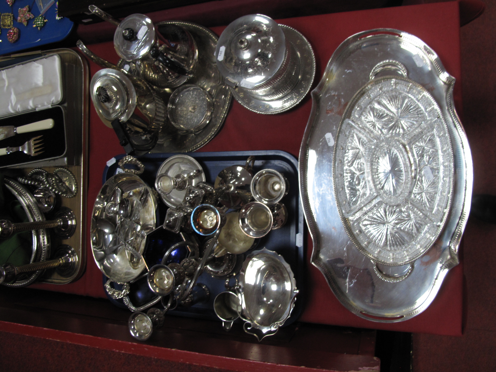 Assorted Plated Ware, including teapots, biscuit barrel, spoons, cruets, sugar bowl, chamberstick,