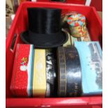 An Austin Reed Black Top Hat, a quantity of tins:- One Box
