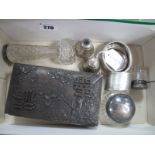 An Oriental Trinket Box, (hinge damaged) hallmarked silver mounted glass vase, lidded pots, napkin