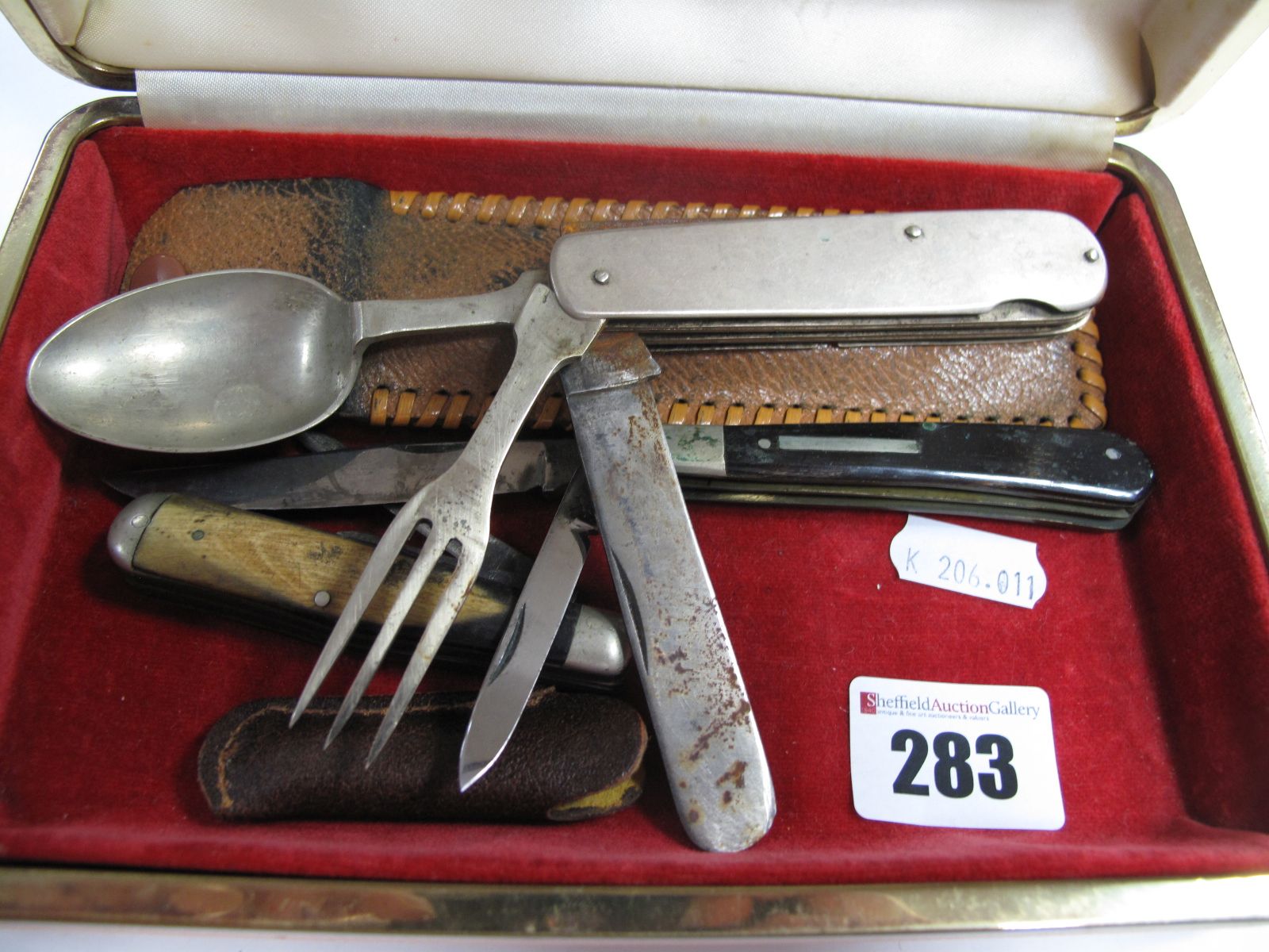 Sheffield Made Campaign Cutlery, with folding knife, fork and spoon, Nowill & Son two blade knife,