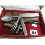 Sheffield Made Campaign Cutlery, with folding knife, fork and spoon, Nowill & Son two blade knife,