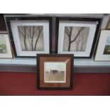 A Pair of Modern Winter Tree Prints, in silvered frames, and an abstract example. (3)