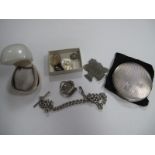 A Hallmarked Silver Ladies Powder Compact, a curb link Albert chain, dress ring, "Lizzie Minshall"