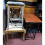 An Oak Barley Twist Occasional Table, stool stops, pine chair.