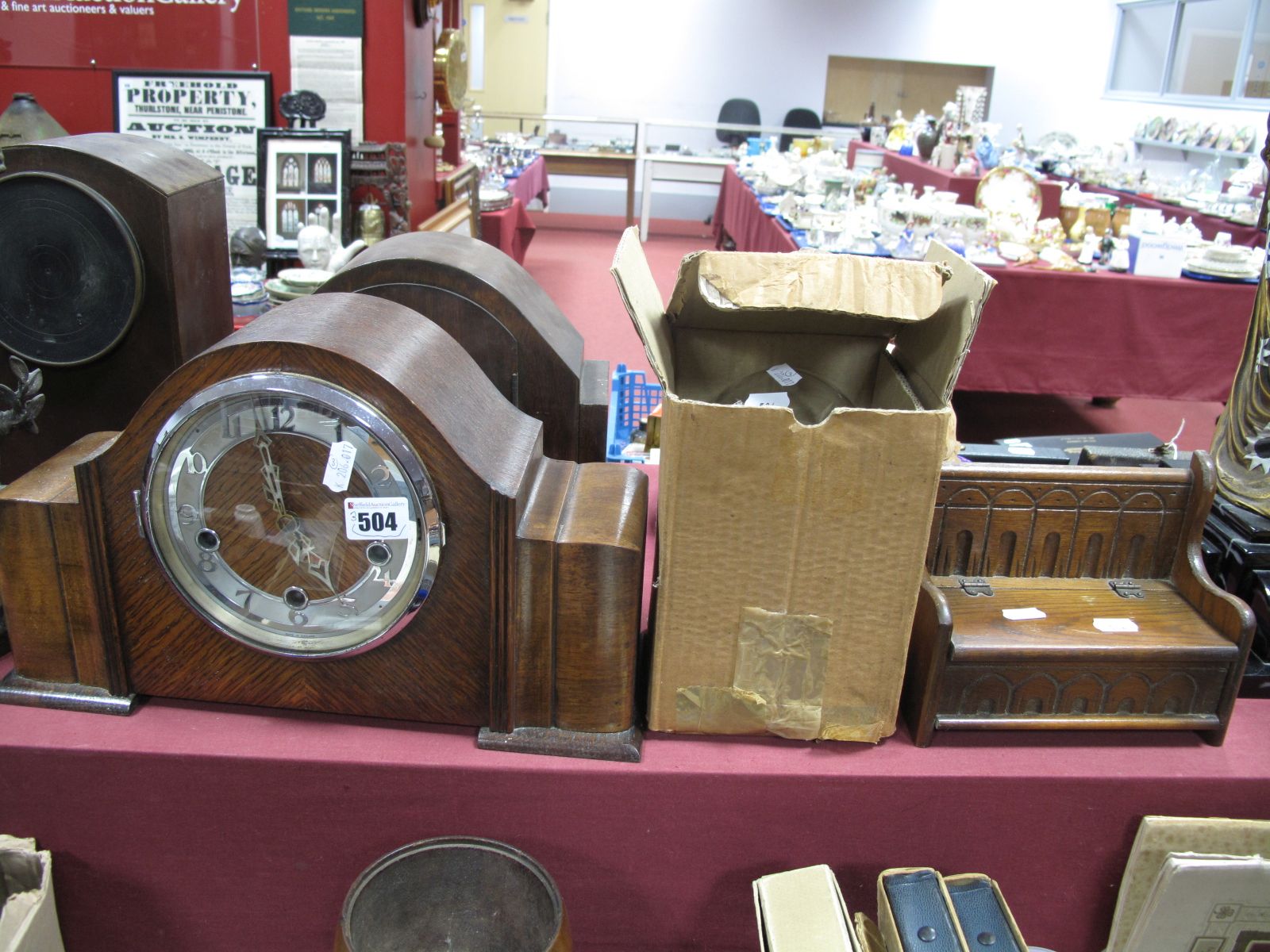 An Oak Westminster Chimes Mantel Clock, Bentima clock under glass dome, jewellery box as a monks