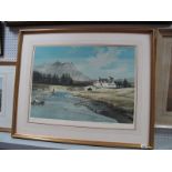 Rowland Hilder, Mountain Landscape with Angler in Foreground, colour print, graphite signed, blind