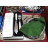 Three Plated Oval Entree Dishes, (one handle absent) cased cutlery, candlesticks.