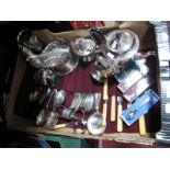 A Plated Three Piece Teaset, assorted cutlery sugar caster, napkin rings, souvenir teaspoons, mini