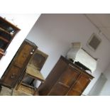 An Oak Single Chair, with carved cresting, early XX Century blanket box, basketwork stool. (3)