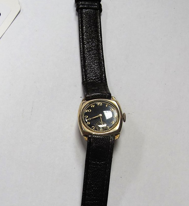 A Chester Hallmarked 9ct Gold Cased Wristwatch, the black dial with Arabic numerals and seconds