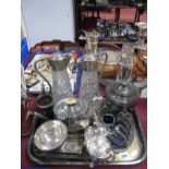 A Plated Tray, claret jugs, teapots, toast rack, spirit labels, etc.