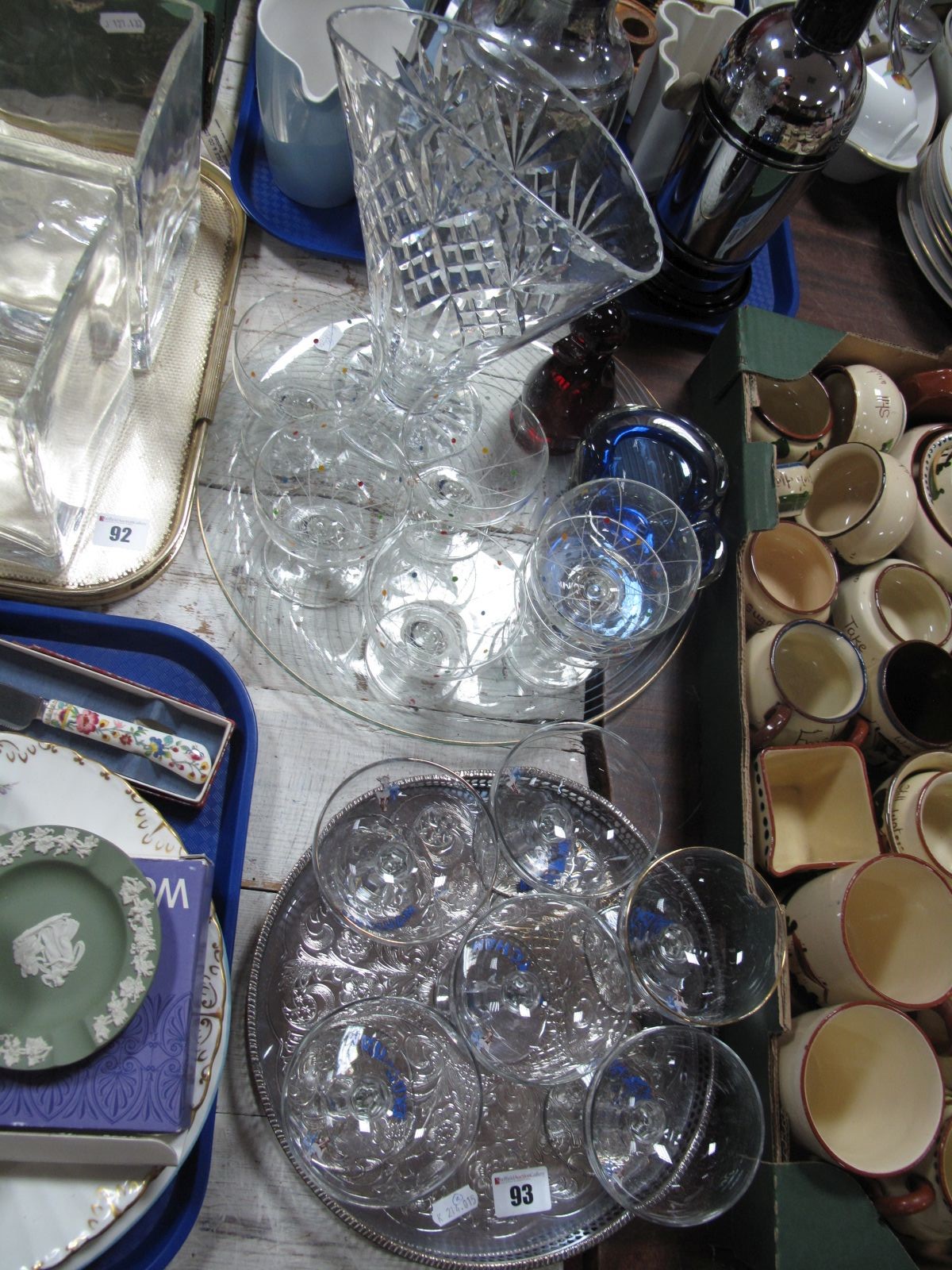 Six Babycham Glasses, on beaded tray, six polka dot sundaes, duck paperweight, ashtray, etc.