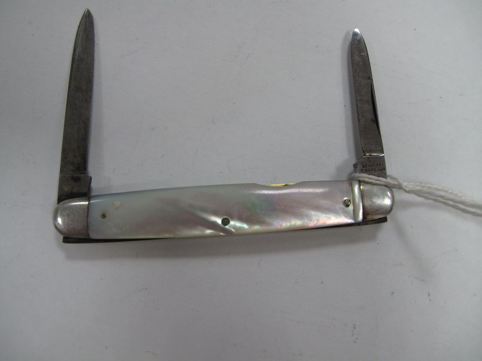 A Leuchars Picadilly Two Blade Folding Pocket Knife, with monogrammed mother of pearl scales.