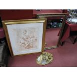 A Classical Sepia Print, rectangular wall mirror, a shaped example with cherubs. (3)