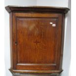 An XVIII Century Oak Flat Fronted Corner Cupboard, with a panelled door, stepped plinth.