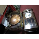 A Regulator Wall Clock, warming pan, wall tidy, iron cow dishes, etc:- One Box