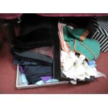 A Polyester Black Dress, other clothing, Marcella collars, mats, etc:- Two Boxes