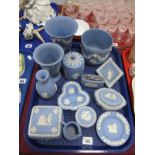 Wedgwood Powder Blue Jasperware Pottery, of thirteen pieces, including lighter, jardiniere:- One