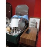 A Bevelled Wall Mirror, ship themed prints, National costume dolls, table lamps, Cunningham print,