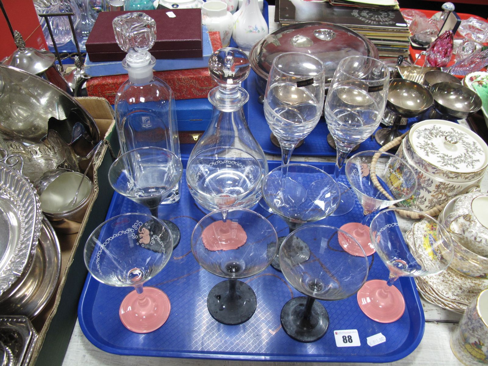 A Pair of Webb Wine Glasses, Dartington and Italian decanters, cocktail glasses:- One Tray