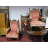 A Pair of Early XX Century Oak Armchairs, with shaped and pierced top rail, upholstered back and
