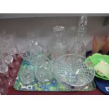 An Edinburgh Crystal Glass Bowl, whisky and bell shaped decanters, three baskets:- One Tray