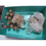 Two Quartz Crystal Specimens, 12.5cms and 9cms long; ten miniature cork stoppered jars, containing