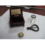 A Hallmarked Silver Mounted Glass Match Strike, a trinket box with pin cushion type top, a