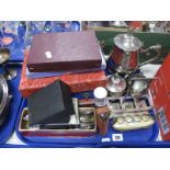 A Three Piece Tea Set, cased cutlery, flask, Philip Mercier wristwatch, etc:- One Tray