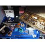 Assorted Costume Jewellery, including beads, brooches, wristwatches, filigree pendant, etc:- One