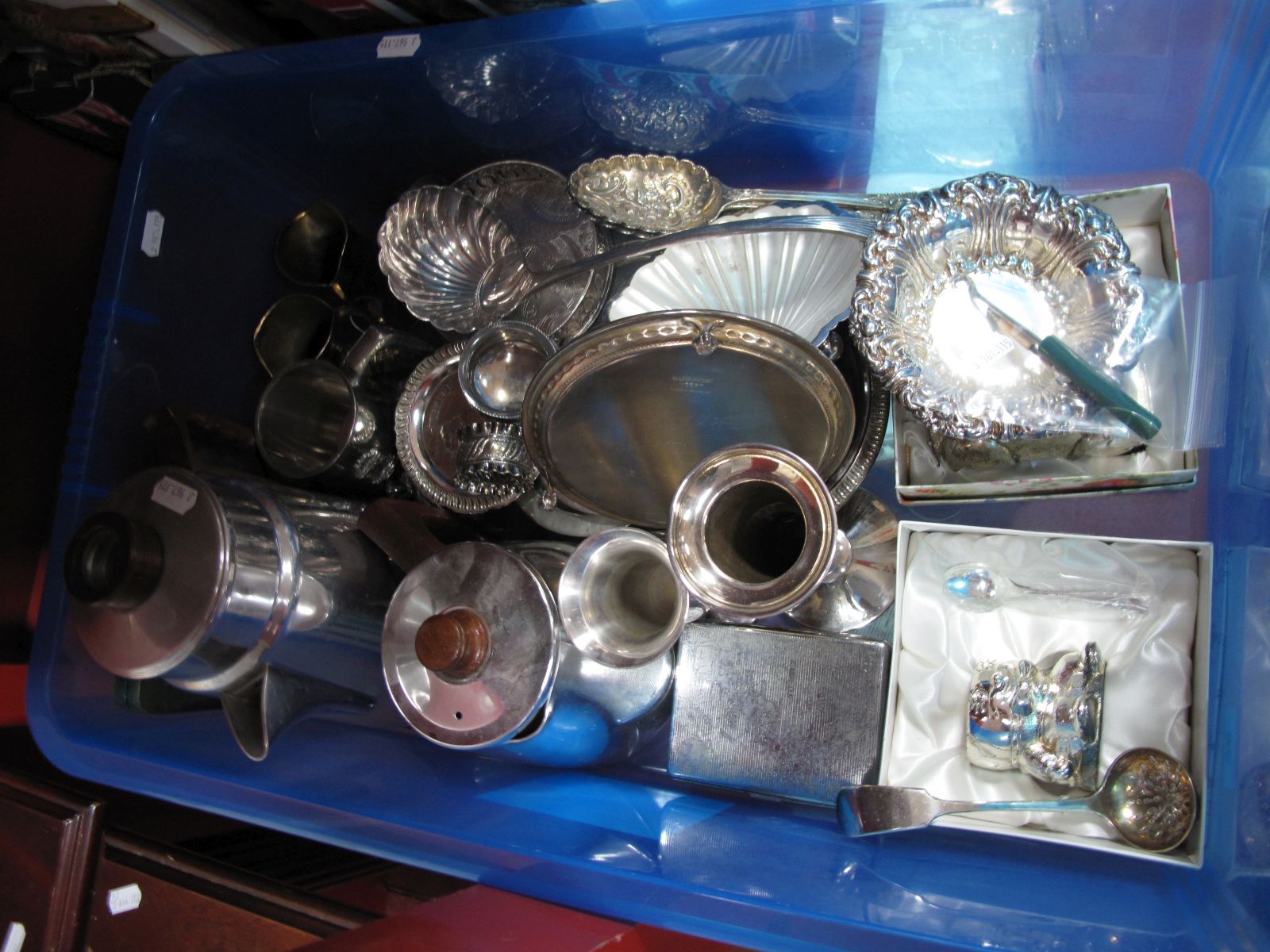 Assorted Plated Ware, including decorative dishes, pair of salts, mug, vases, coffee pot, novelty