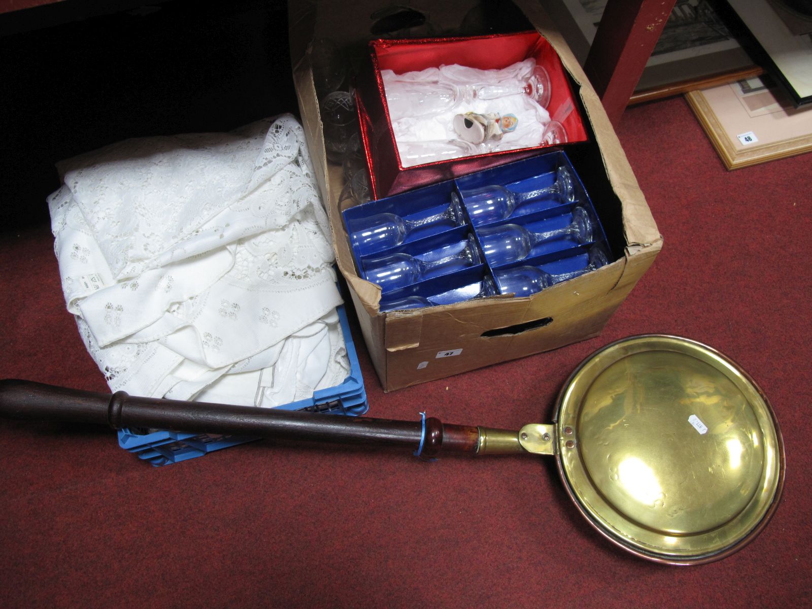 A Quantity of Drinking Glasses, linens, XIX Century brass warming pan with fruitwood handle.