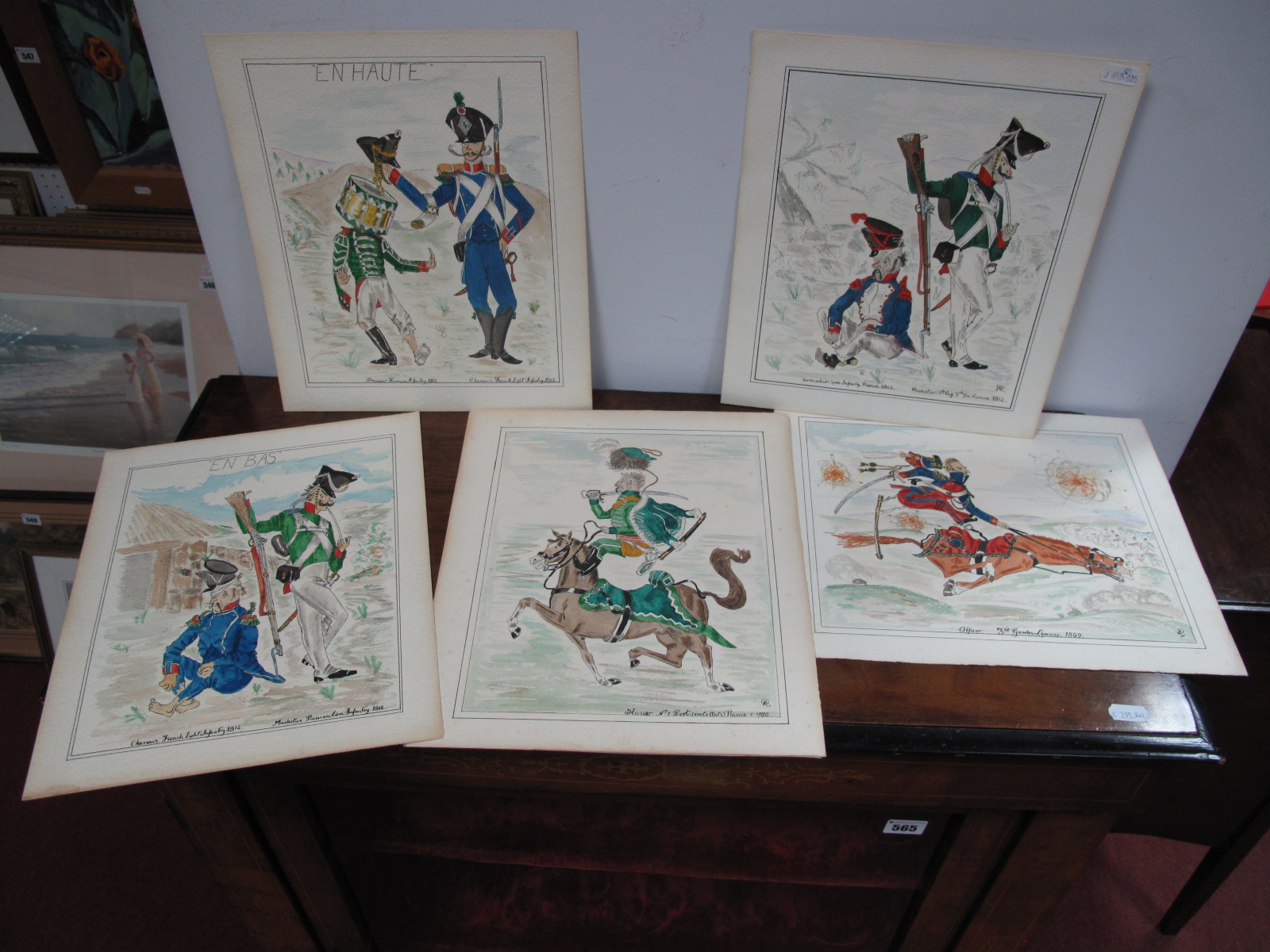 Six Military Theme Satirical Watercolours, two titled 'En Bas' and 'En Haute', three monogrammed '