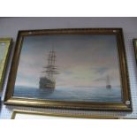 Ted Morris, Oil on Board, of Galleons, signed lower right, 89.5 x 59.5cm.