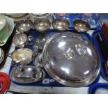 An Elkington Hotel Plate Twin Entree Dish, sundaes, tea strainer and other plated ware:- One Tray
