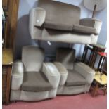 A 1930's Style Three Piece Lounge Suite, upholstered in a brown velvet.