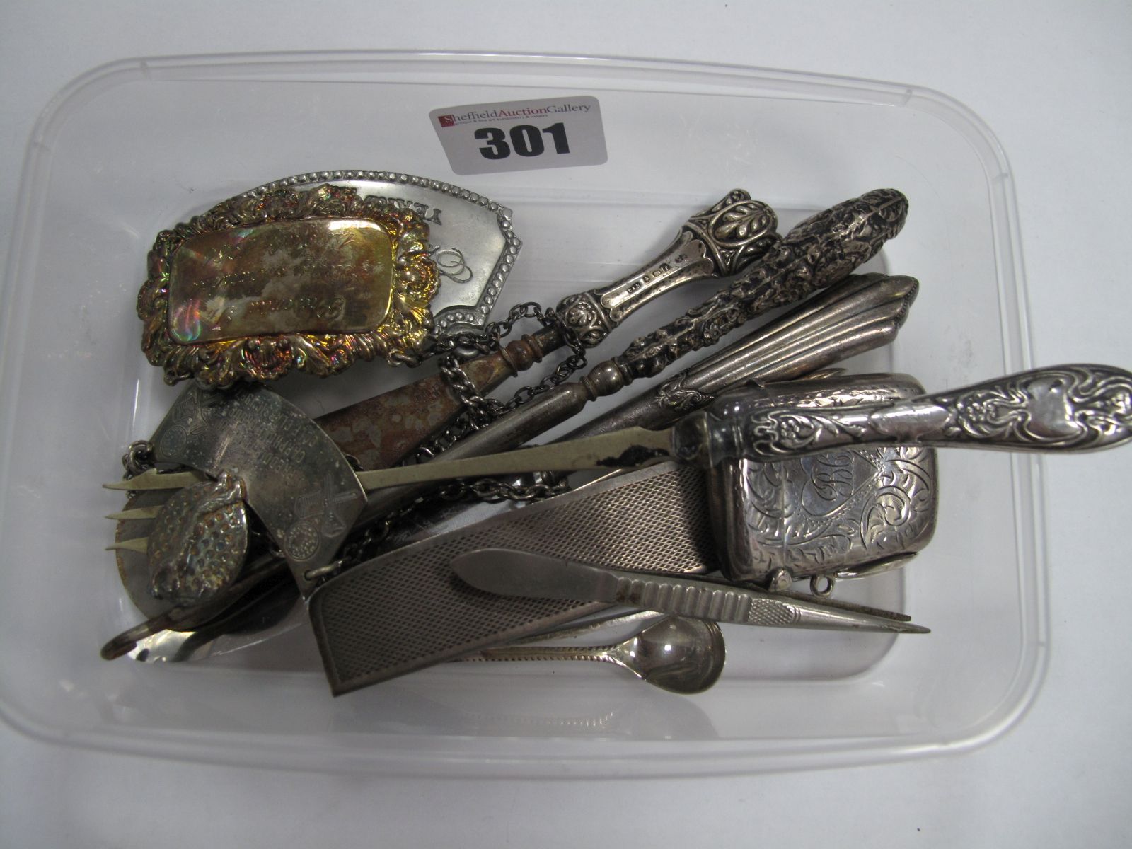 A Hallmarked Silver Handled Button Hook and Shoe Horn, pickle fork, knife, hallmarked silver and