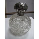 A Hallmarked Silver Mounted Cut Glass Hat Pin Tidy Jar, of spherical scent bottle form.