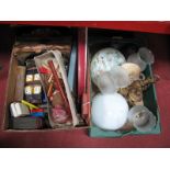 A Box of Light Fittings, including a white opaline glass bathroom lamp, a three branch brass ceilin