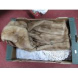 A Mink Jacket, (seams need repair), embroidered linen tablecloth, doilies, etc:- One Box