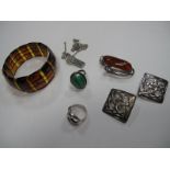 A Modern Amber Brooch, stamped "925", collet set; together with a modern panel bracelet, a pair of