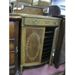 An Edwardian Inlaid Bow Fronted Music Cabinet, with shaped low back, quartered and crossbanded