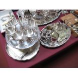 Six Rockingham Plate Tots, Mappin & Webb Comport, tankard, cruet set, etc:- Two Trays