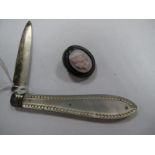 A Hallmarked Silver and Mother of Pearl Folding Fruit Knife, together with a XIX Century cameo