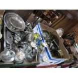 An Electroplated Tankard, pedestal dishes, candelabras, salvers, ladle, part tea service, brass